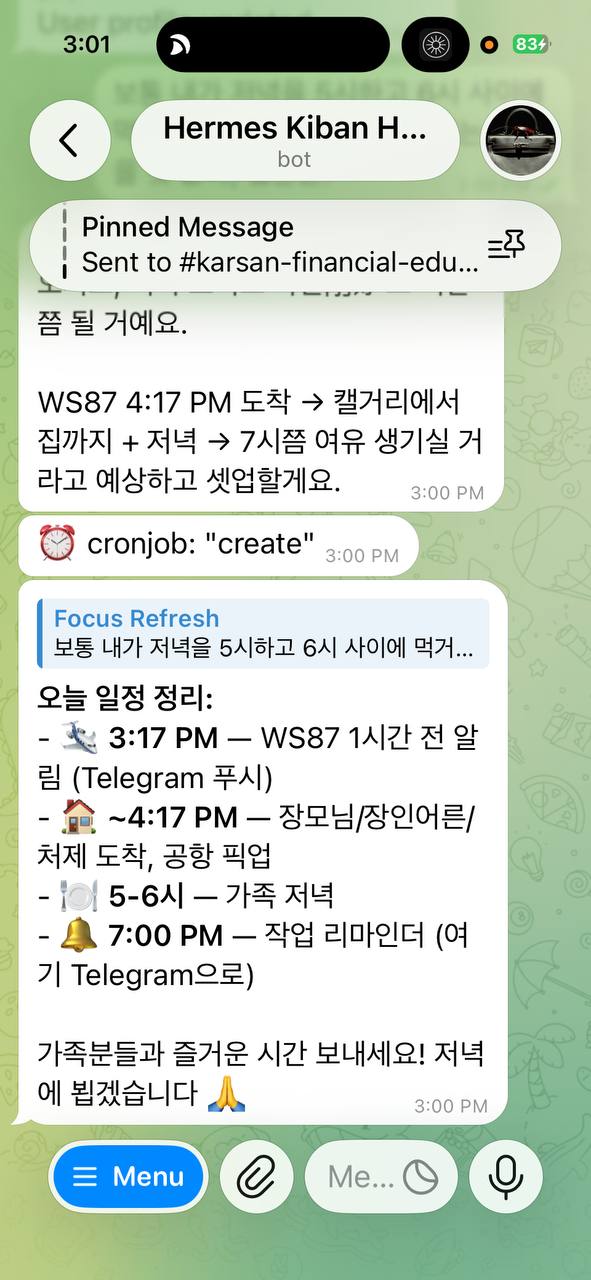Telegram으로 Hermes Agent와 일정 관리한 스크린샷